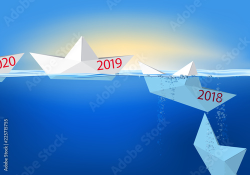 Carte de vœux 2019 montrant des bateaux de papier en origami se succèdes et coulent pour symboliser l’année qui s’achève