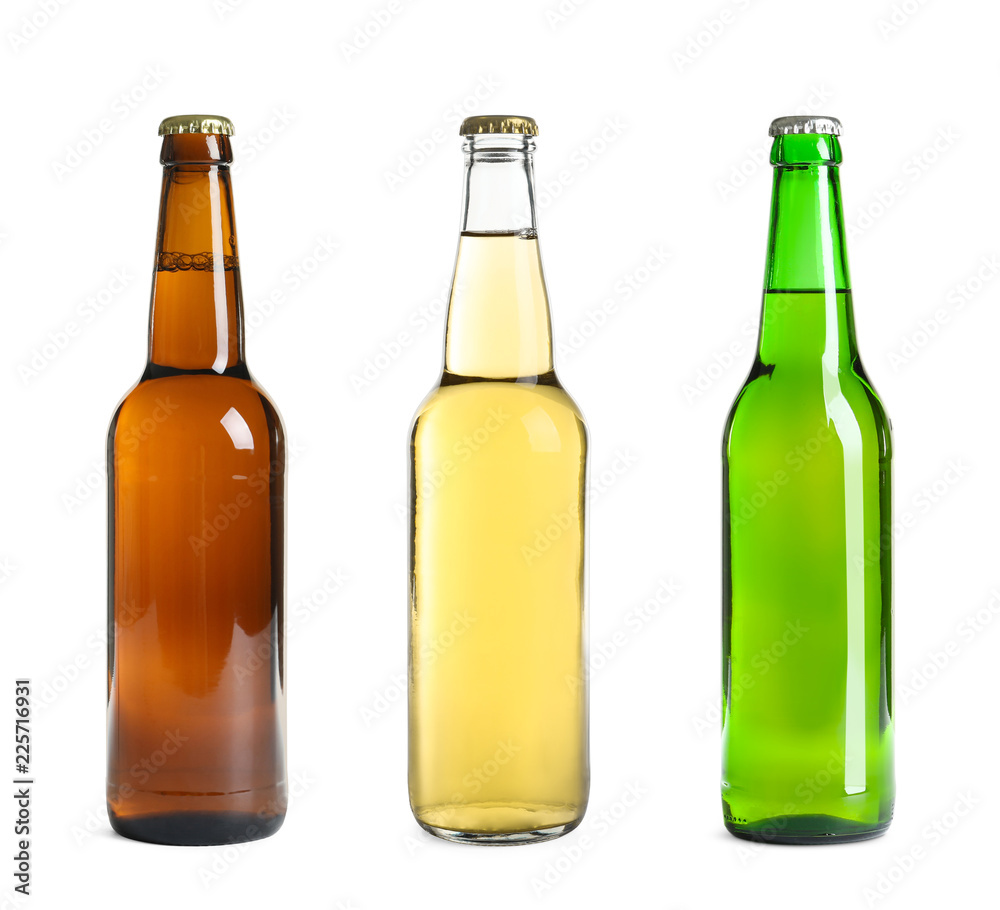 Set with different beer bottles on white background Set with different beer bottles on white background