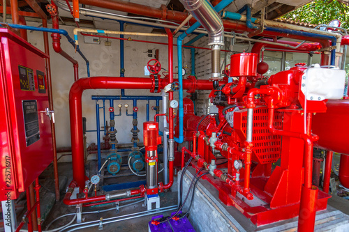 Diesel engine fire pump, Electric motor fire pump with control system red piping and valve.