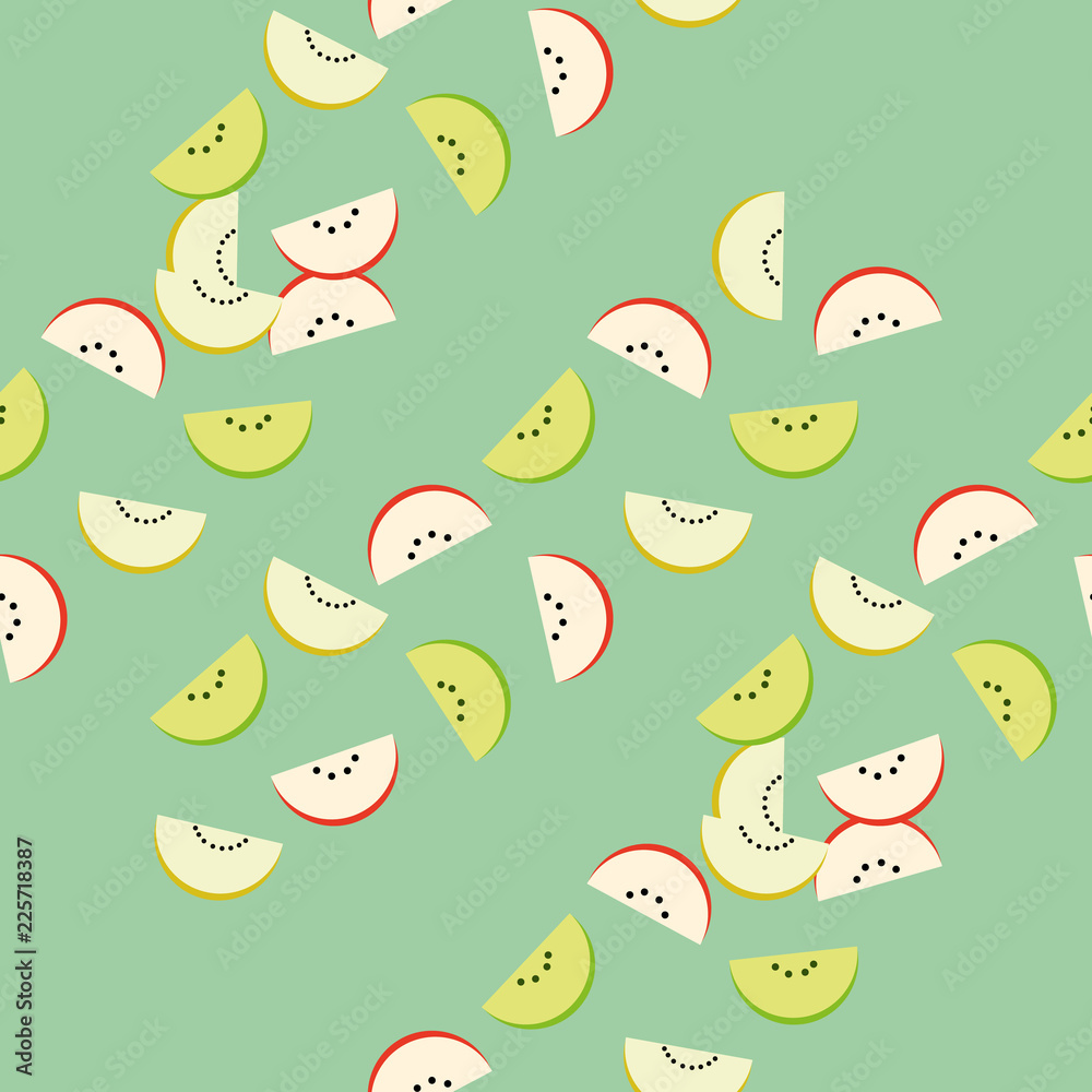 Obraz premium Pattern of slices of watermelon, apple, kiwi, orange, tangerine, melon - sweet urashenie on a green background