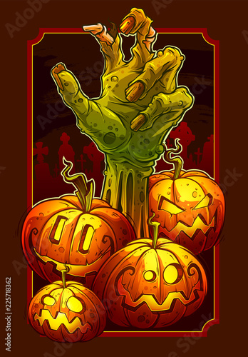 Cartoon zombie hand and halloween pumpkins