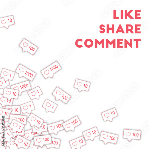 6737005 Social media icons. Social media marketing concept. Falling pink like counter. Scattered bottom left