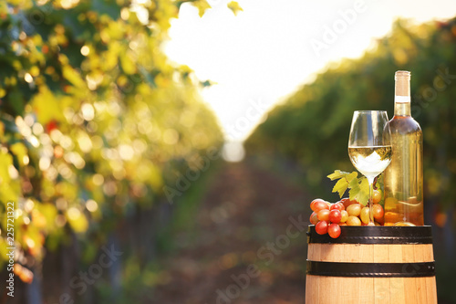 Composition with wine and ripe grapes on barrel outdoors. Space for text