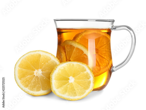Cup of tea with lemon on white background