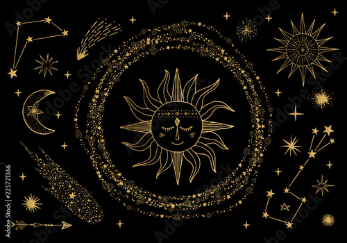 Vector sun, moon, comet, zodiac sign. Golden sky illustration. Tattoo design.