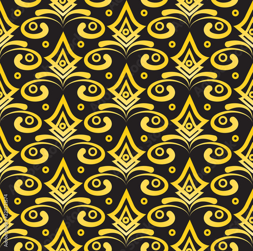 Seamless simple pattern background with gold geometric floral decorative print ornament on a black background. Can be used for fabric, wallpaper, packaging.