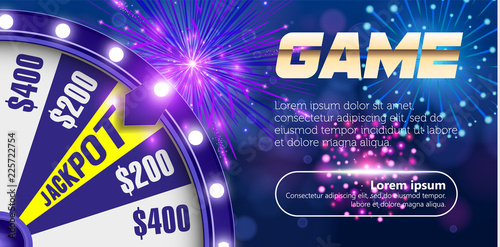 Vector fortune wheel, Online casino design concept. 3d object on abstract defocused circular blue bokeh background. Wheel of luck. Whill of fortune with game button.