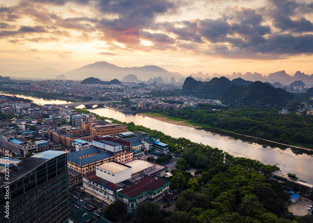 Sunrise over Li river in Guilin, China aerial view