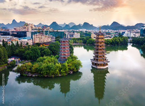 Fototapet Aerial view of Guilin park with twin pagodas in China
