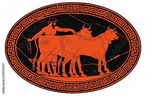 Hercules kidnaps cows herd of Gerion. 12 exploits of Hercules. Oval medallion isolated on a white background.