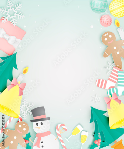 Various christmas items in paper art with pastel color scheme