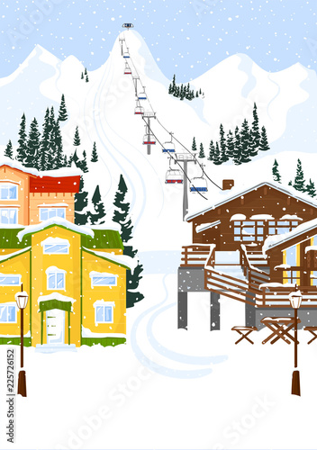 Ski resort vacation with ski lift. Winter outdoor holiday activity sport in alps, landscape with mountain view and forest. Alpine village chalet. Flat style