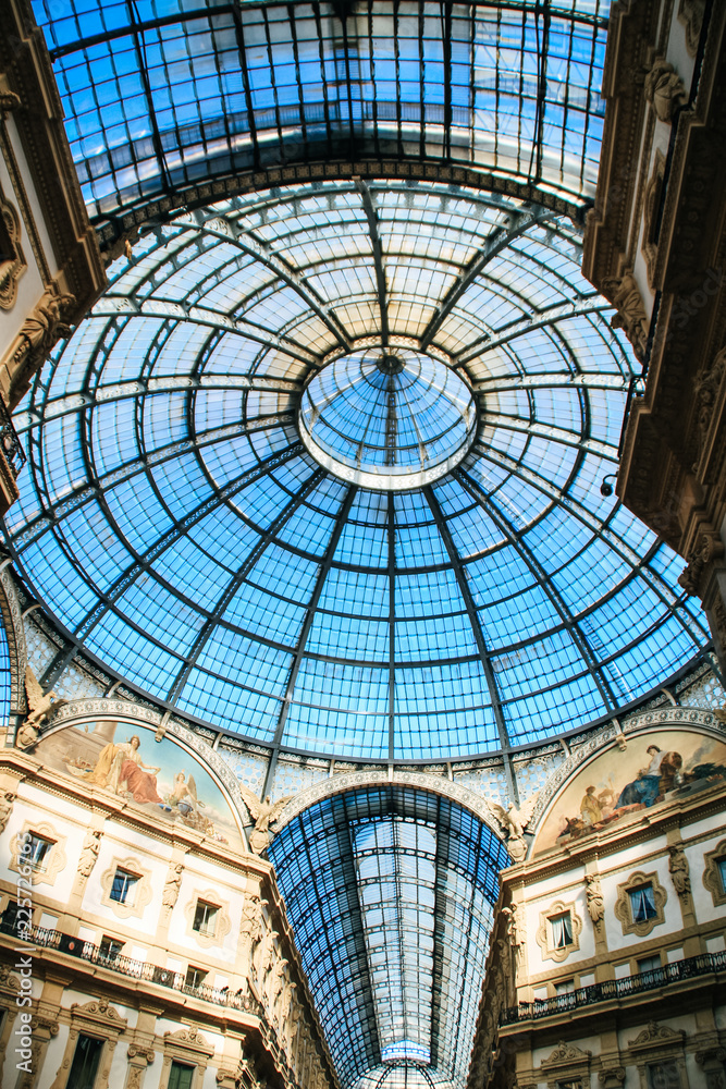 Gallery Vittorio Emanuele II, Milan, Italy.Gothic architecture. Steel and arches.