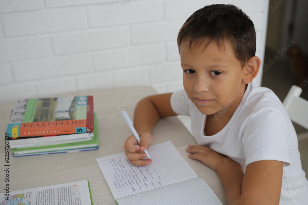 schoolboy teaches lessons, studying books writing in a notebook on a white background schoolboy teaches lessons, studying books writing in a notebook on a white background