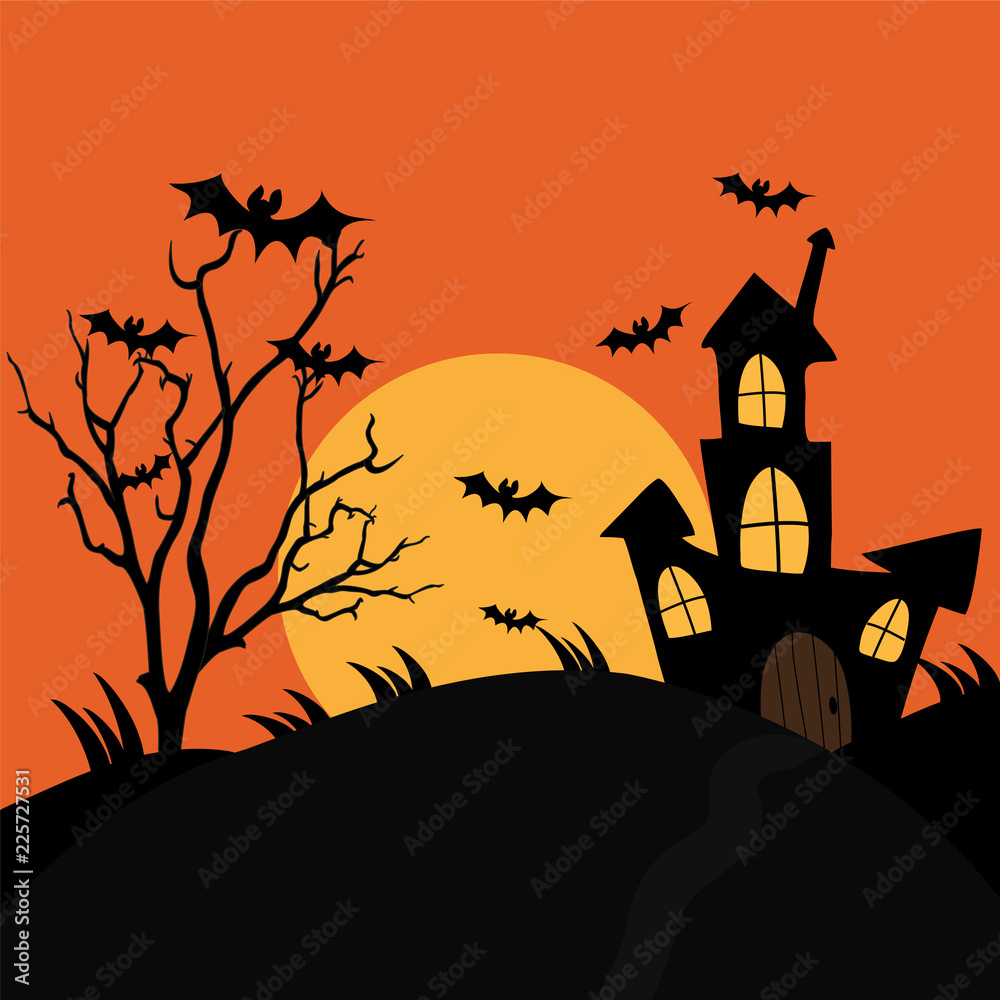 Halloween night background with spooky castle, moon, tree.