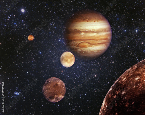 Planet Jupiter and his satellites in outer space. Jupiter is the fifth planet from the Sun and the largest in the Solar System. Elements of this image furnished by NASA