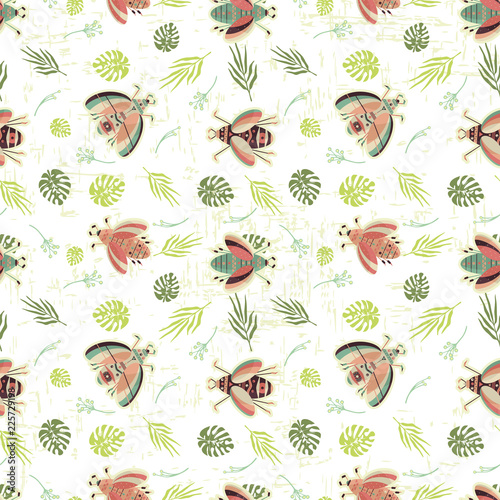 seamless pattern with beetles and plant leaves