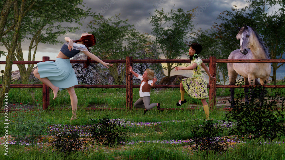 A woman dancing followed by two children and watched by a horse out in a field
A woman dancing followed by two children and watched by a horse out in a field