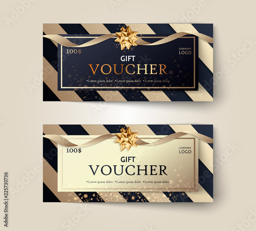 Vector set of luxury gift vouchers with ribbons and gift box. Elegant template for a festive gift card, coupon and certificate. Discount Coupon Template Vector Illustration EPS10
