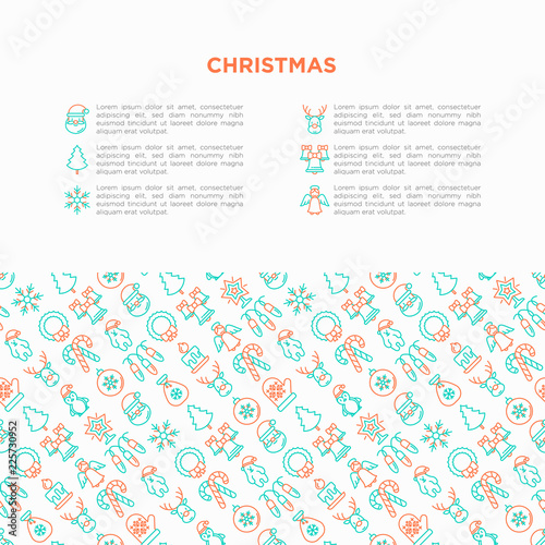 Christmas concept with thin line icons: Santa Claus, snowflake, reindeer, wreath, bells, candy cane, polar bear in hat, angel, mitten, candle, penguin, garland. Vector illustration, web page template.