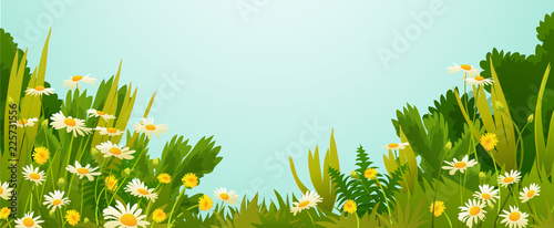  Dandelions and daisies flowers with grass and bushes isolated on blue sky background vector illustration.