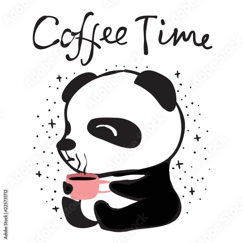 Fototapeta Naklejka Na Ścianę i Meble -  Vector card with cute doodle panda with the cup of coffee and hand drawn text - Coffee time