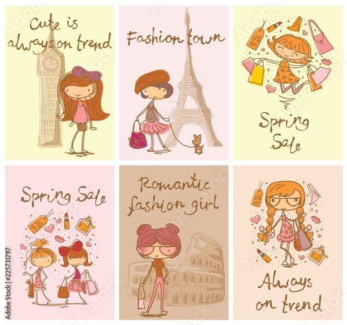Set of 6 Vector cards with cute fashion girls and trendy hand drawn texts