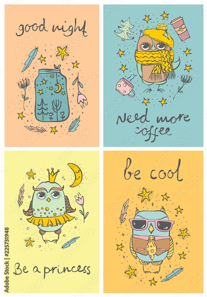 Set of 4 Vector cards with cute hipster and tribal owls and funny hand drawn text Set of 4 Vector cards with cute hipster and tribal owls and funny hand drawn text