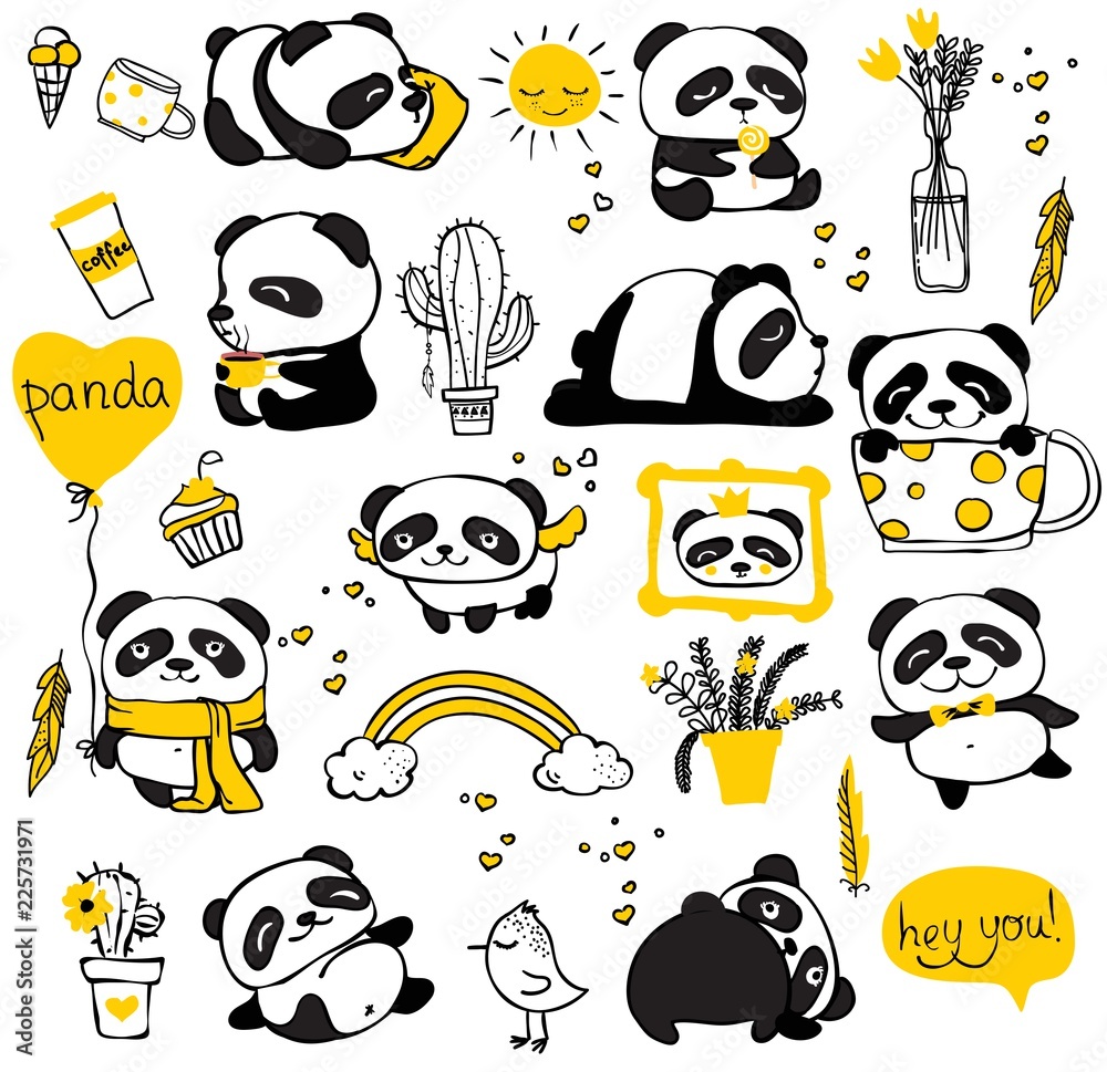 Fototapeta premium Panda doodle kid set. Simple design of cute pandas and other individual elements perfect for kid's card, banners, stickers and other kid's things.