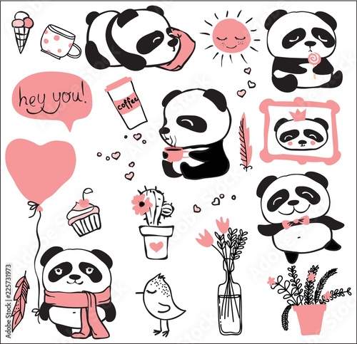 Fototapeta Naklejka Na Ścianę i Meble -  Panda doodle kid set. Simple design of cute pandas and other individual elements perfect for kid's card, banners, stickers and other kid's things.
