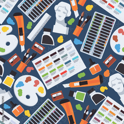 Seamless pattern with fine art objects. Artist supplies like gypsum head, pastel, palette, brushes. Vector design illustration