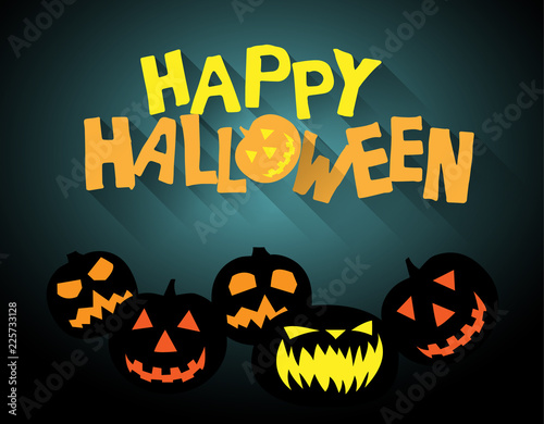 halloween background with text Happy halloween and pumpkins, shadow effect, flat design