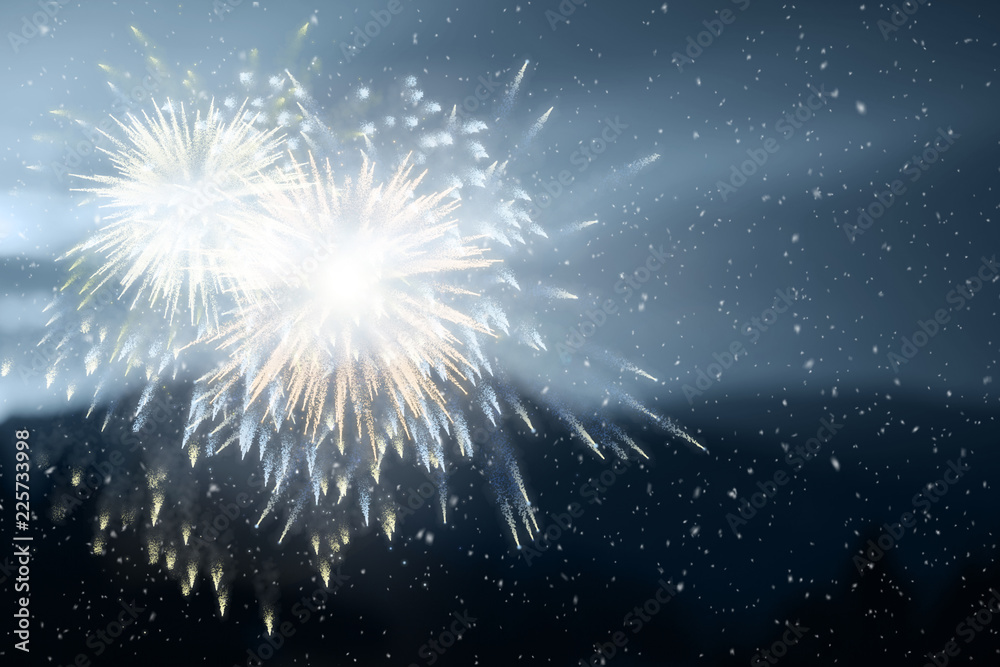 Fototapeta premium Evening sky with snowfall and magic bright multiple fireworks.