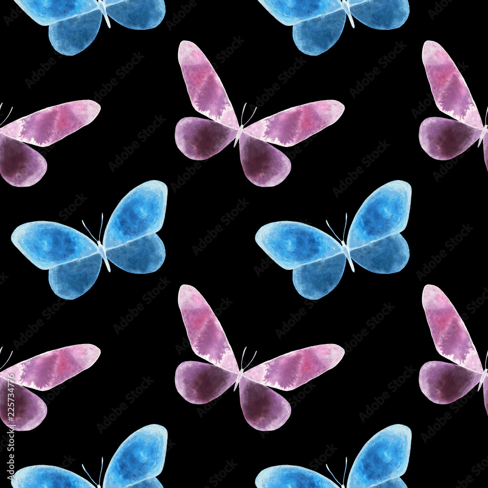 Watercolor colorful butterflies pattern, isolated on black background. Pink  and blue butterfly illustration. Design for textile, fabric, print,  wrapping, wallpaper, paper, cloth. Seamless pattern. Stock Illustration |  Adobe Stock