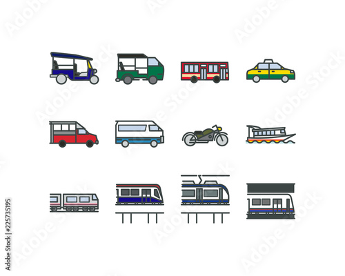 Linear flat design style icons of Bangkok public transportations. Such as Taxi, Tuk-Tuk, Boat, Skytrain. Isolated.