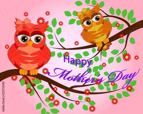 Mother's day owl. Cute illustration of happy mother and kid owl sitting on tree branch