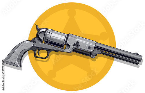 Graphic detailed old revolver with sheriff star