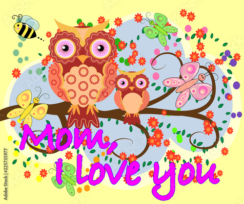 Mother's day owl. Cute illustration of happy mother and kid owl sitting on tree branch