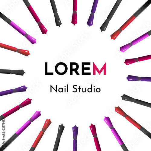Vector illustration template for business card to manicure and pedicure nail salon (studio or artist) with pink nail polish on a big brushes and dropes of polish. Text "Lorem. Nail Studio"