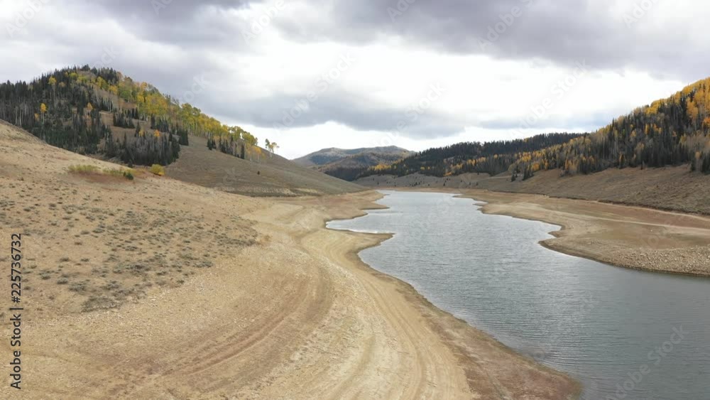 Aerial Electric Lake Utah severe drought low water autumn. Severe