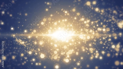 Space blue background with particles. Space azure dust with stars. Sunlight of beams and gloss of particles galaxies. Seamless loop. Blue screen.