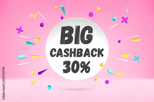 White paper bubble cloud with text BIG CASHBACK sale, shopping promo banner, discount design. Vector poster with cloud talk, text message, explosion graphic elements concept in memphis geometric style