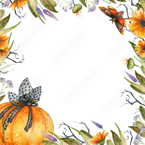 Watercolor Halloween frame of pumpkin and wild flowers 