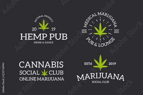 Set of retro vintage marijuana leaf, cannabis logo or insignia, emblems, labels and badges and other branding objects. Vector line style