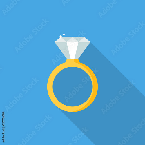 Diamond ring flat icon isolated on blue background. Simple wedding ring sign symbol in flat style. Shining stone Vector illustration.