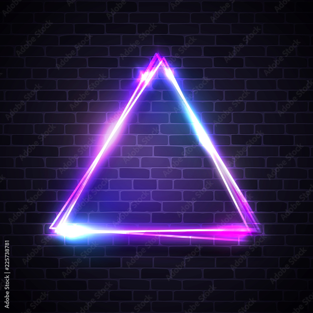 Triangle background on brick texture wall. Neon lights street sign with blank space for design. Electric led light effect. Night club casino bar cafe signage. Bright vector illustration. Stock Vector