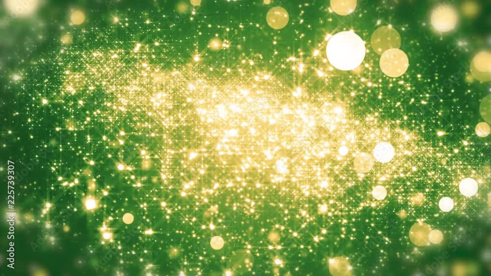 Green light shine particles bokeh, holiday concept. Christmas animated gold background with circles and stars. Space background. Screen green. Seamless loop.
