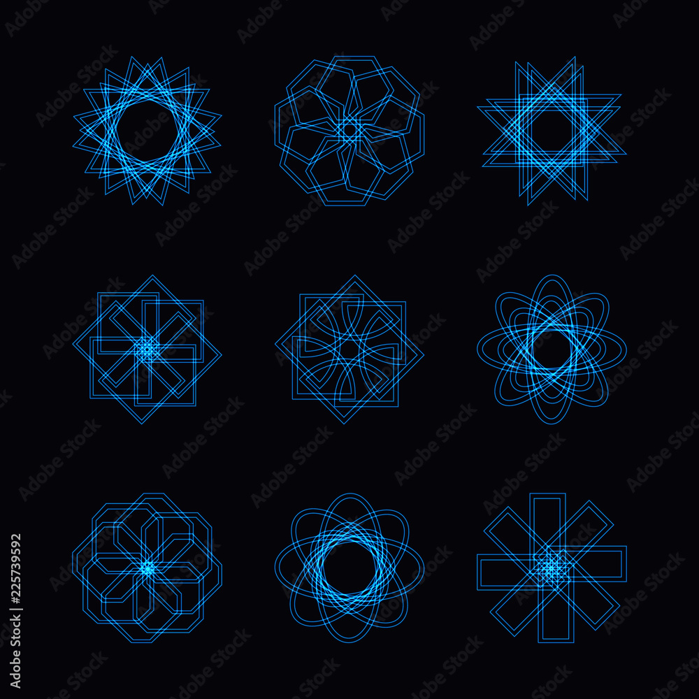 Abstract blue neon shape and fractal collection in vector