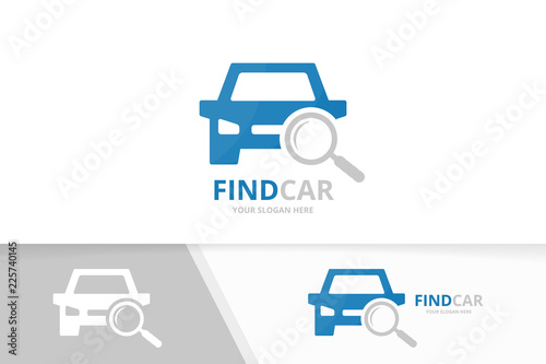 Vector car and loupe logo combination. Vehicle and magnifying symbol or icon. Unique automobile and search logotype design template.