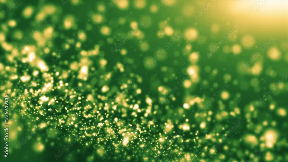 Green light shine particles bokeh, holiday concept. Christmas animated gold background with circles and stars. Space background. Screen green. Seamless loop.